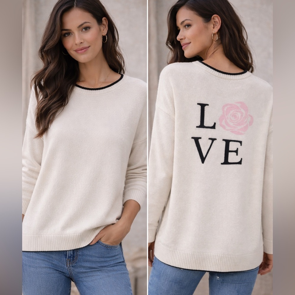 Minnie Rose 100% Cashmere LOVE Rose Graphic Sweater Size L NWT